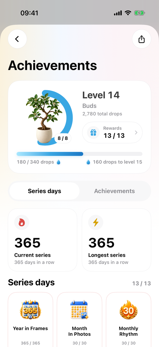 PhotoDays profile with a streak and earned achievements