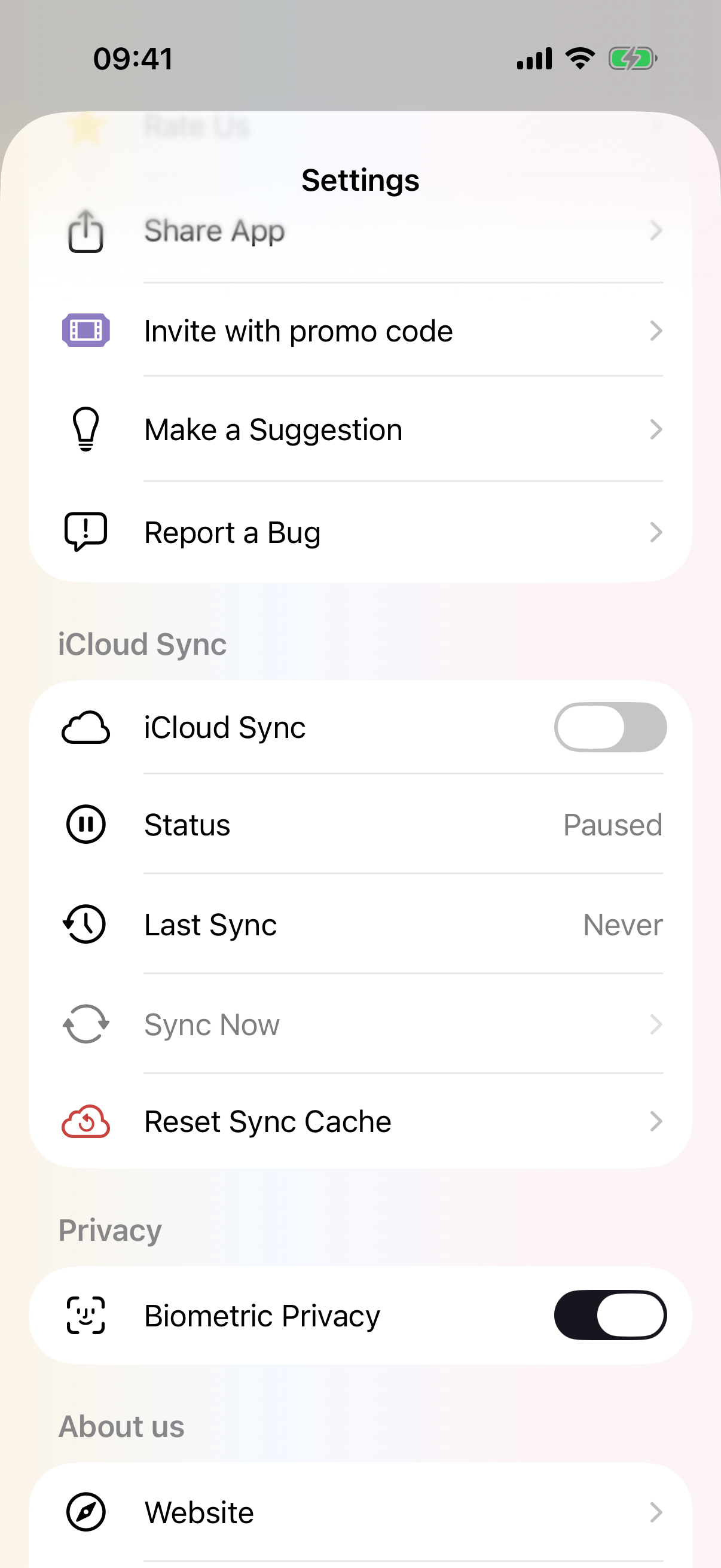 PhotoDays settings with optional iCloud sync and biometric privacy enabled