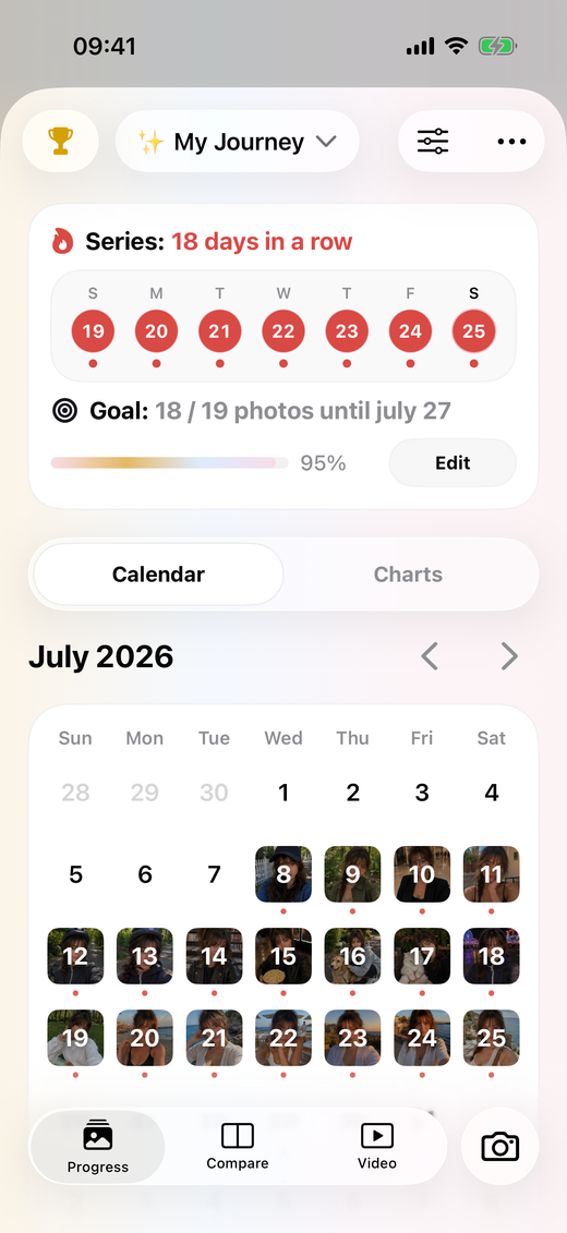PhotoDays progress view with a streak and recorded milestones