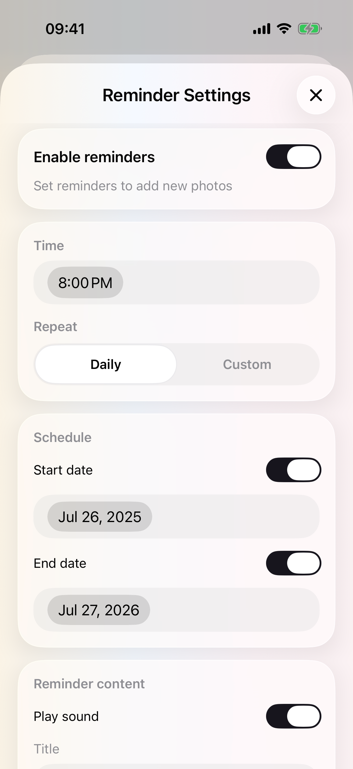PhotoDays daily reminder enabled for 8 PM
