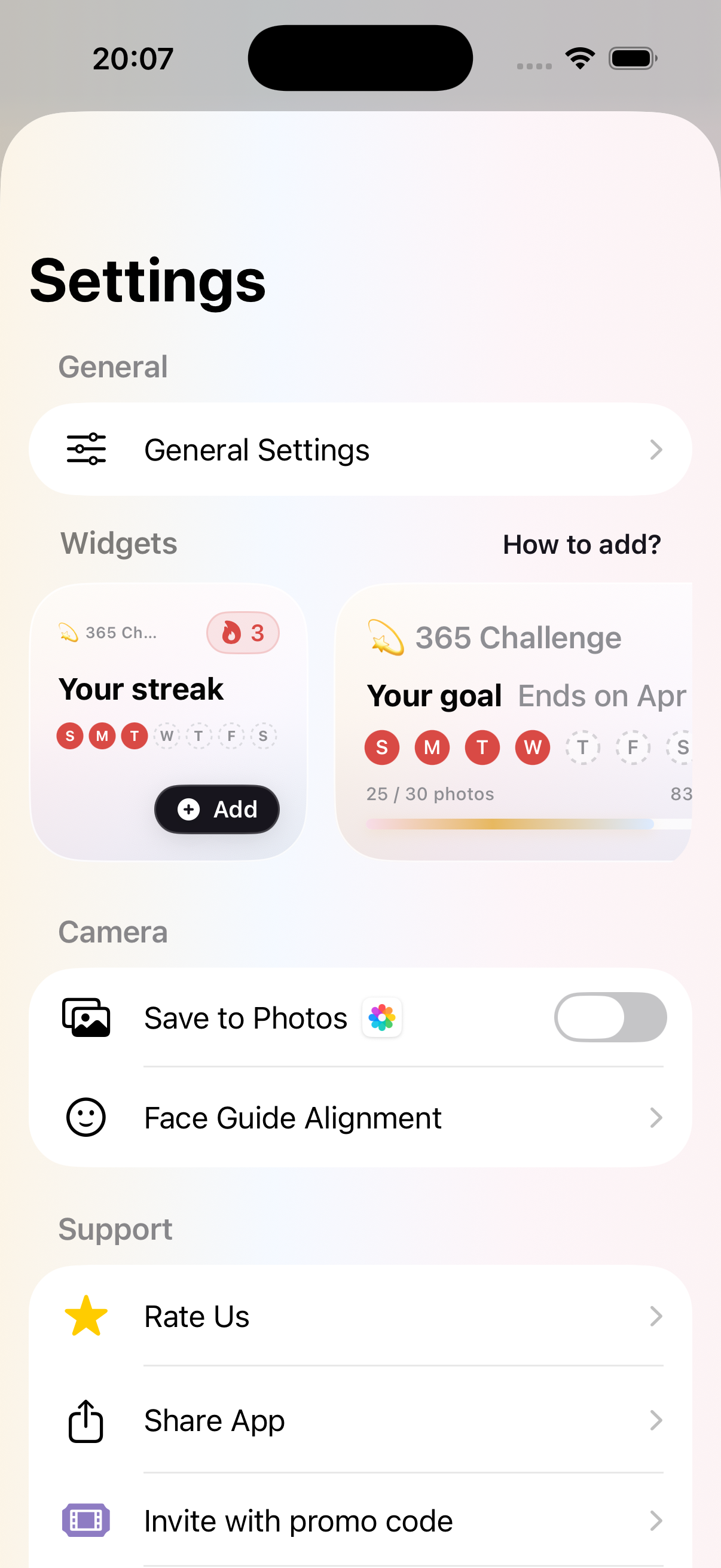 PhotoDays privacy and widget settings
