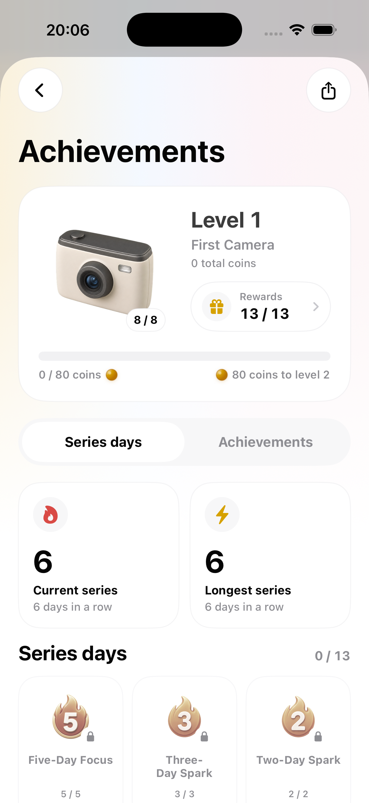 PhotoDays streaks and achievements screen